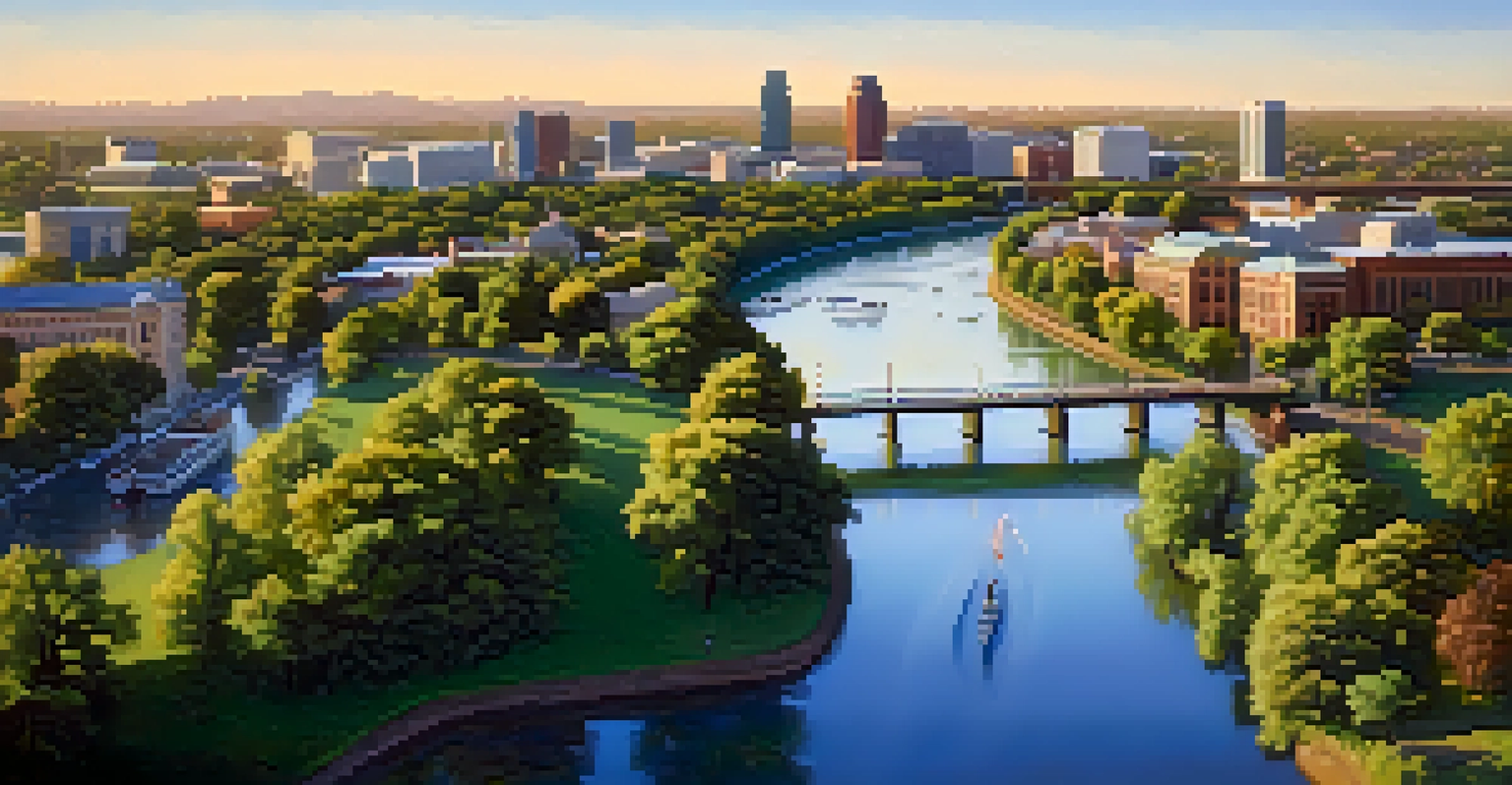 Aerial view of the Sacramento River with green parks and families enjoying outdoor activities, with the city skyline in the background.