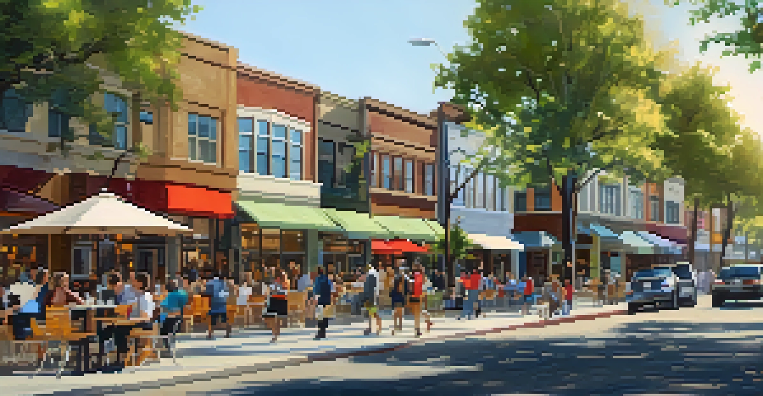 A lively mixed-use urban area with residential buildings, shops, and people walking along a busy street with trees and outdoor seating.