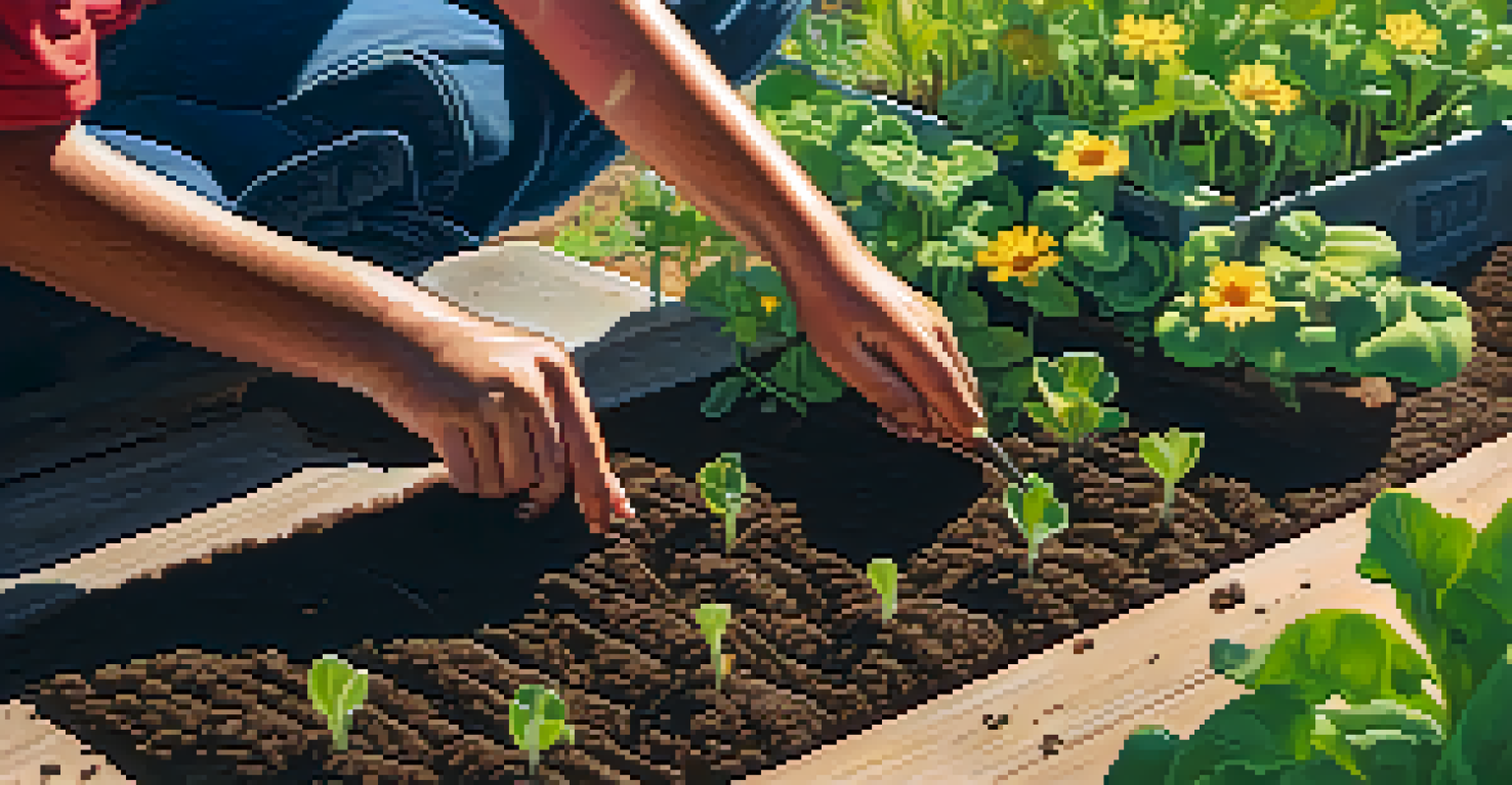 A young person planting seeds in a community garden, surrounded by flowers and early plant sprouts, with sunlight filtering through the leaves.