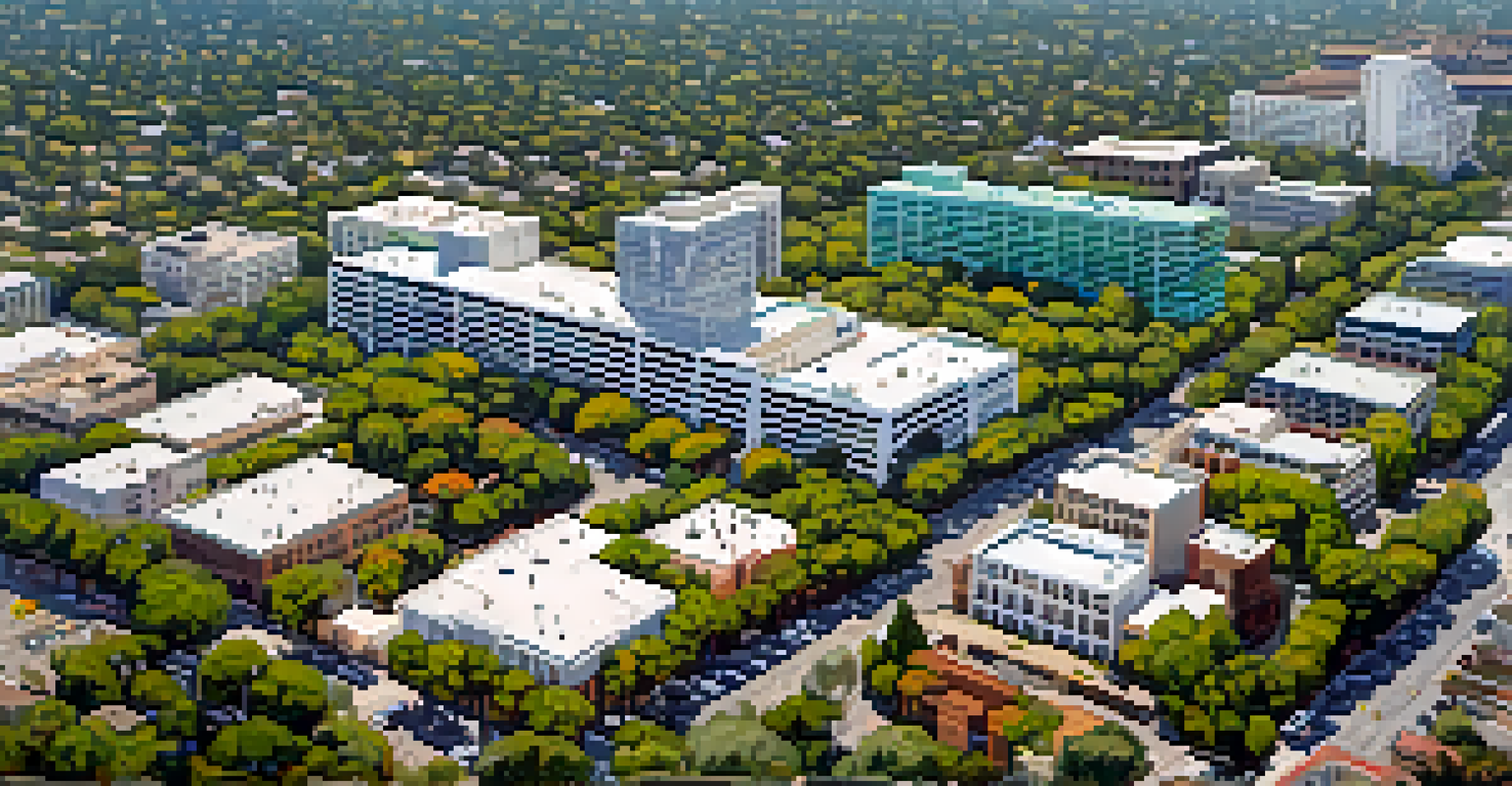 An aerial view of Sacramento showing the contrast between urban development and green trees, highlighting the importance of urban forestry.