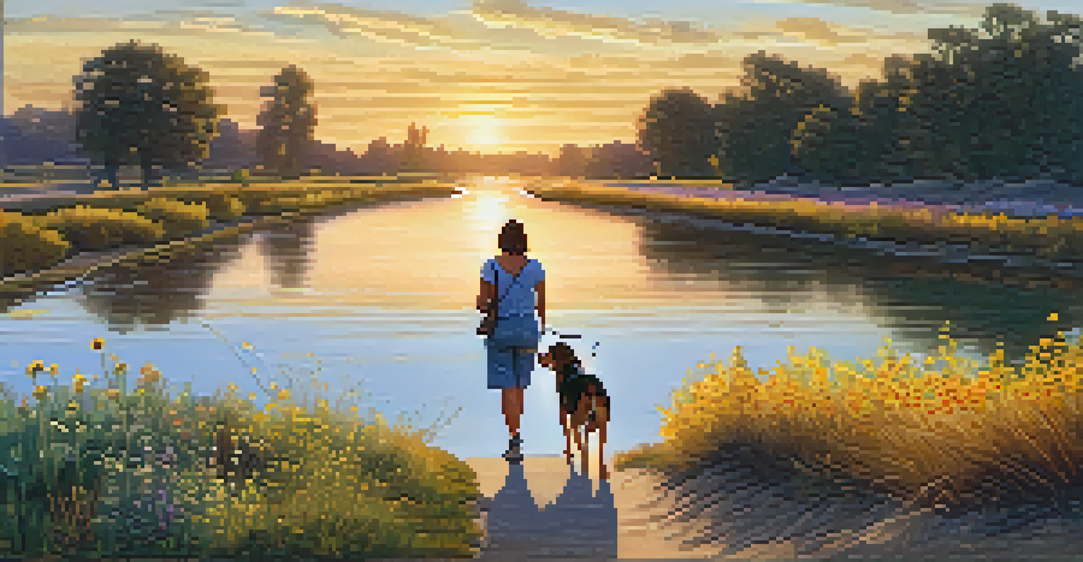 A woman walking her beagle along a scenic trail at sunset by the Sacramento River Delta.