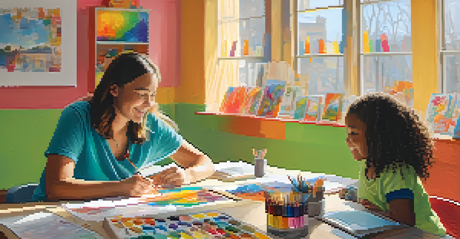 A young volunteer mentoring a child at a colorful table filled with art supplies, in a bright and inviting room.