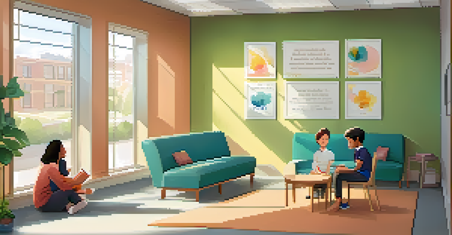 An inviting school counseling room where a counselor is talking to a student in a supportive setting.