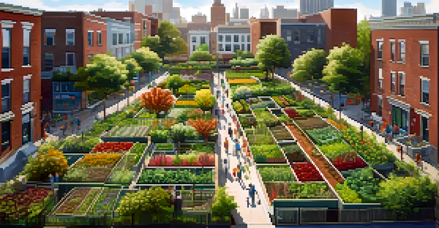 An aerial view of a lush community garden surrounded by urban buildings, with people gardening.