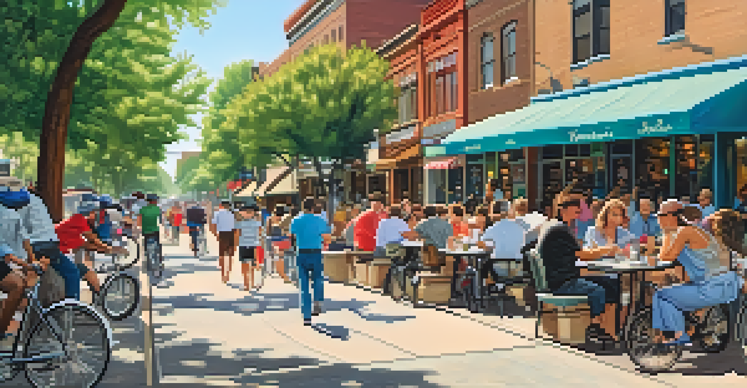 A lively street scene in Midtown Sacramento with outdoor cafes, murals, and people enjoying the local atmosphere.