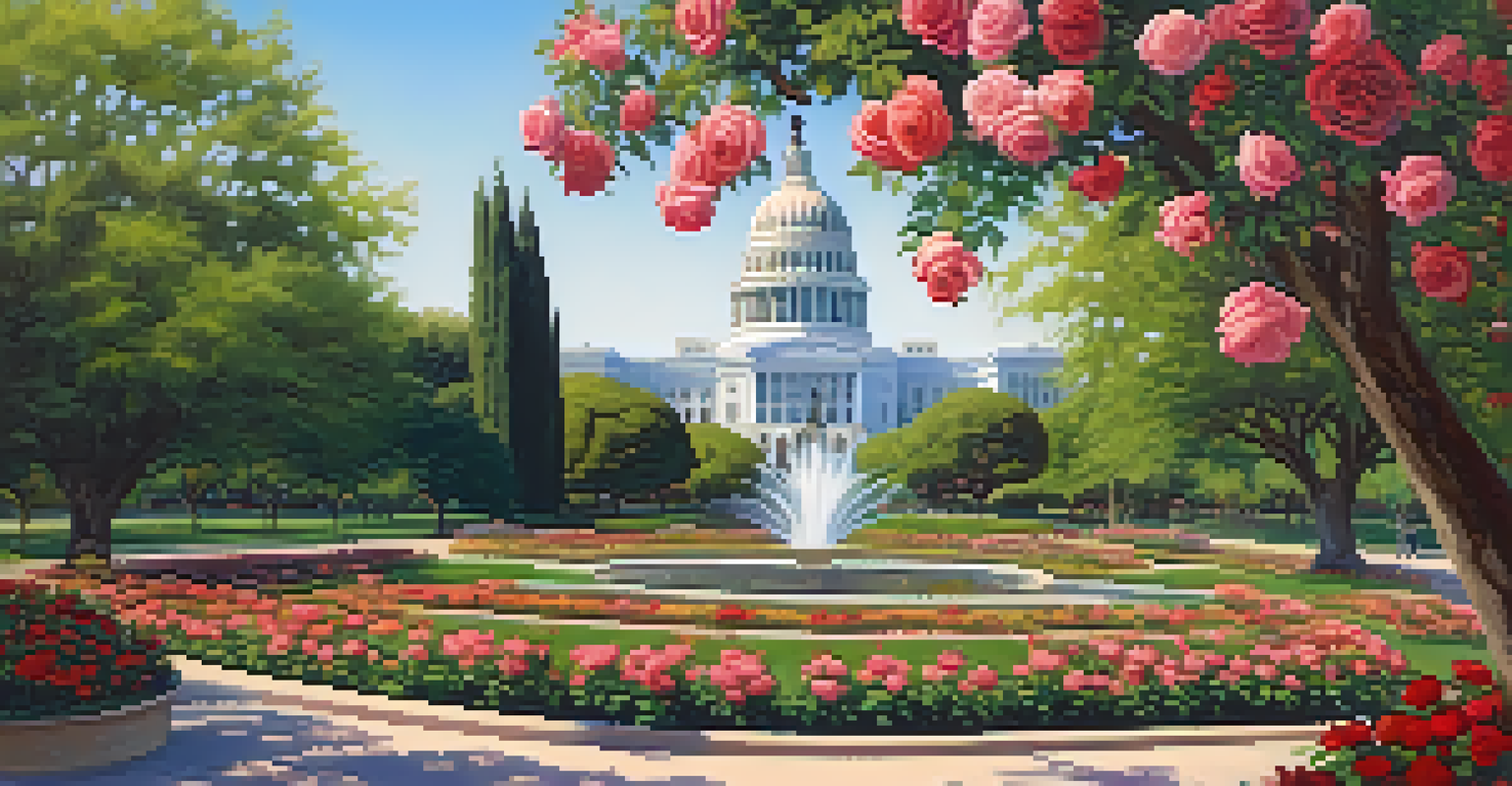 A beautiful scene of the Rose Garden in Capitol Park with blooming roses and the California State Capitol in the background.