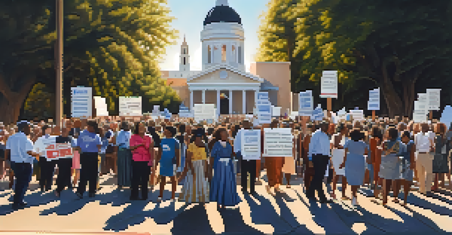 A vibrant outdoor civil rights rally in front of a prominent Sacramento church, featuring diverse demonstrators holding signs for equality.