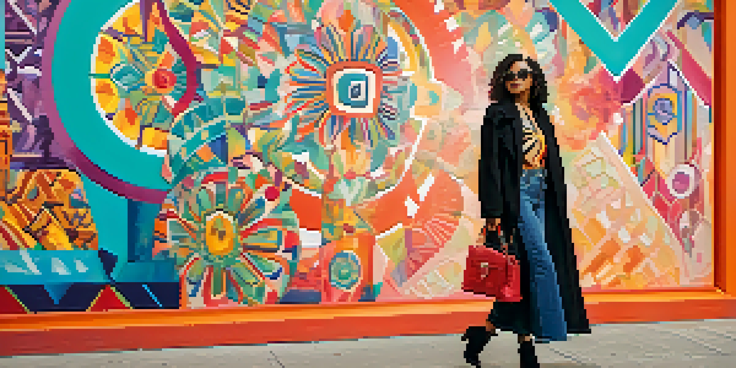 A stylish individual wearing sustainable fashion in front of a colorful mural in Sacramento.