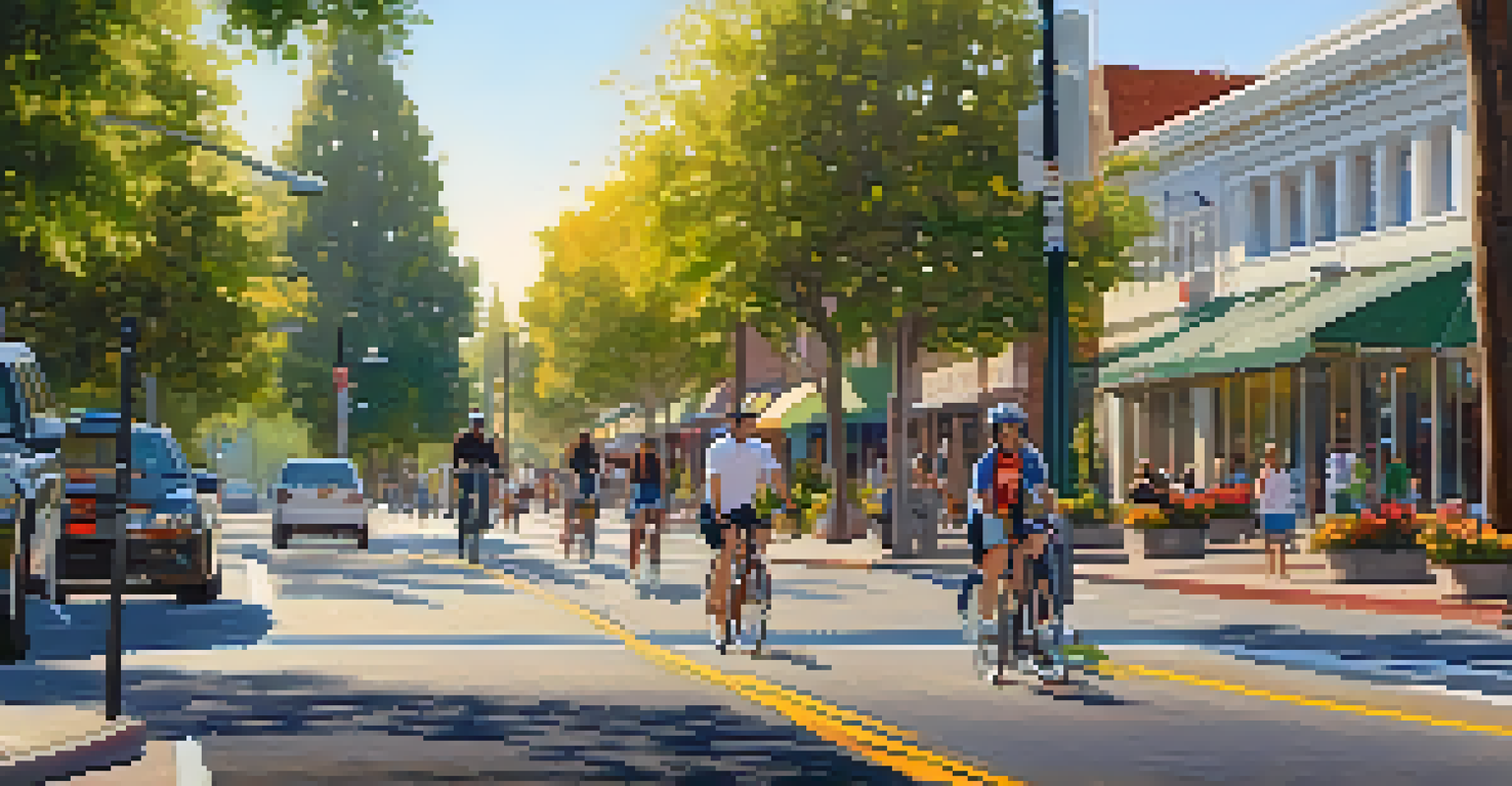 A bike-friendly street in Sacramento with bike lanes, trees, and happy cyclists and pedestrians.