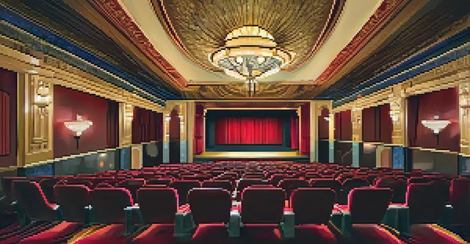 Interior view of the Crest Theatre featuring Art Deco design, with warm lighting, plush seating, and ornate details.