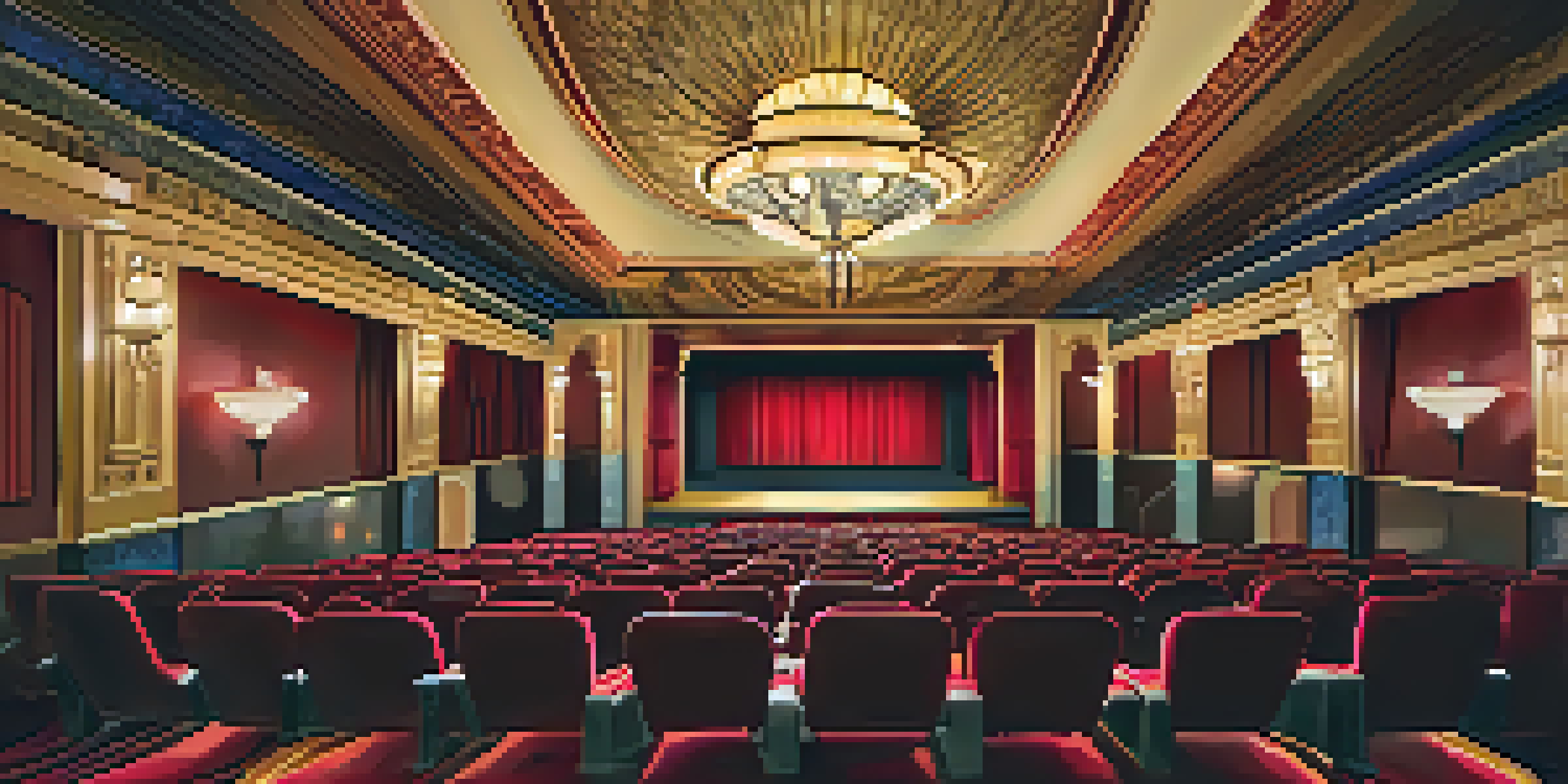 Interior view of the Crest Theatre featuring Art Deco design, with warm lighting, plush seating, and ornate details.