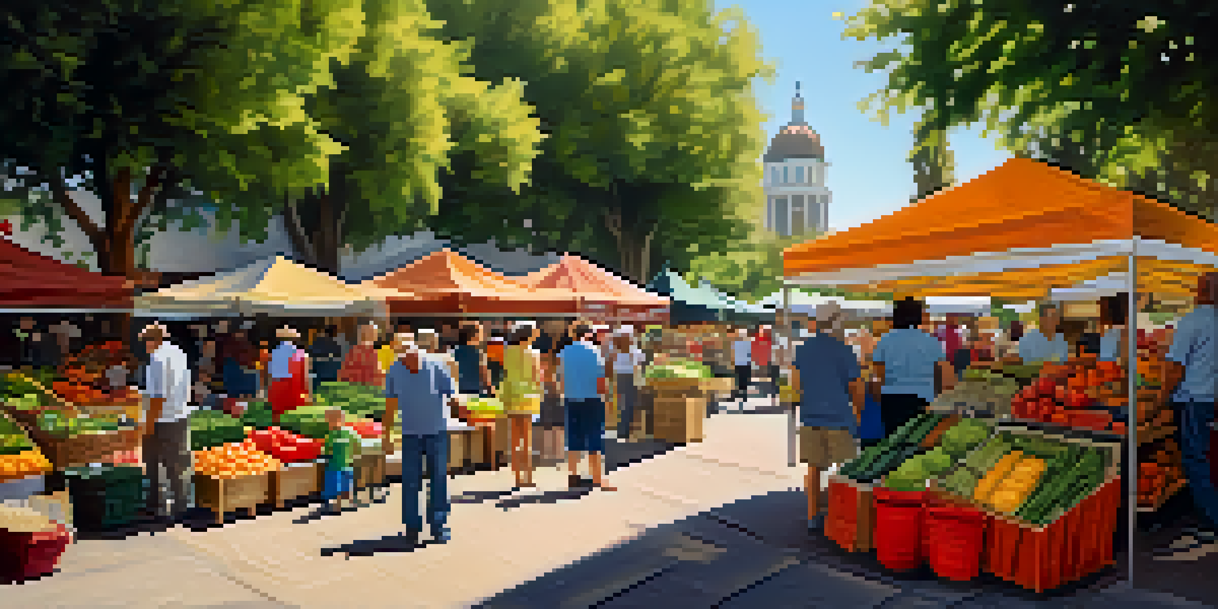 A lively farmers market in Sacramento with colorful stalls displaying fresh produce and families enjoying their time.