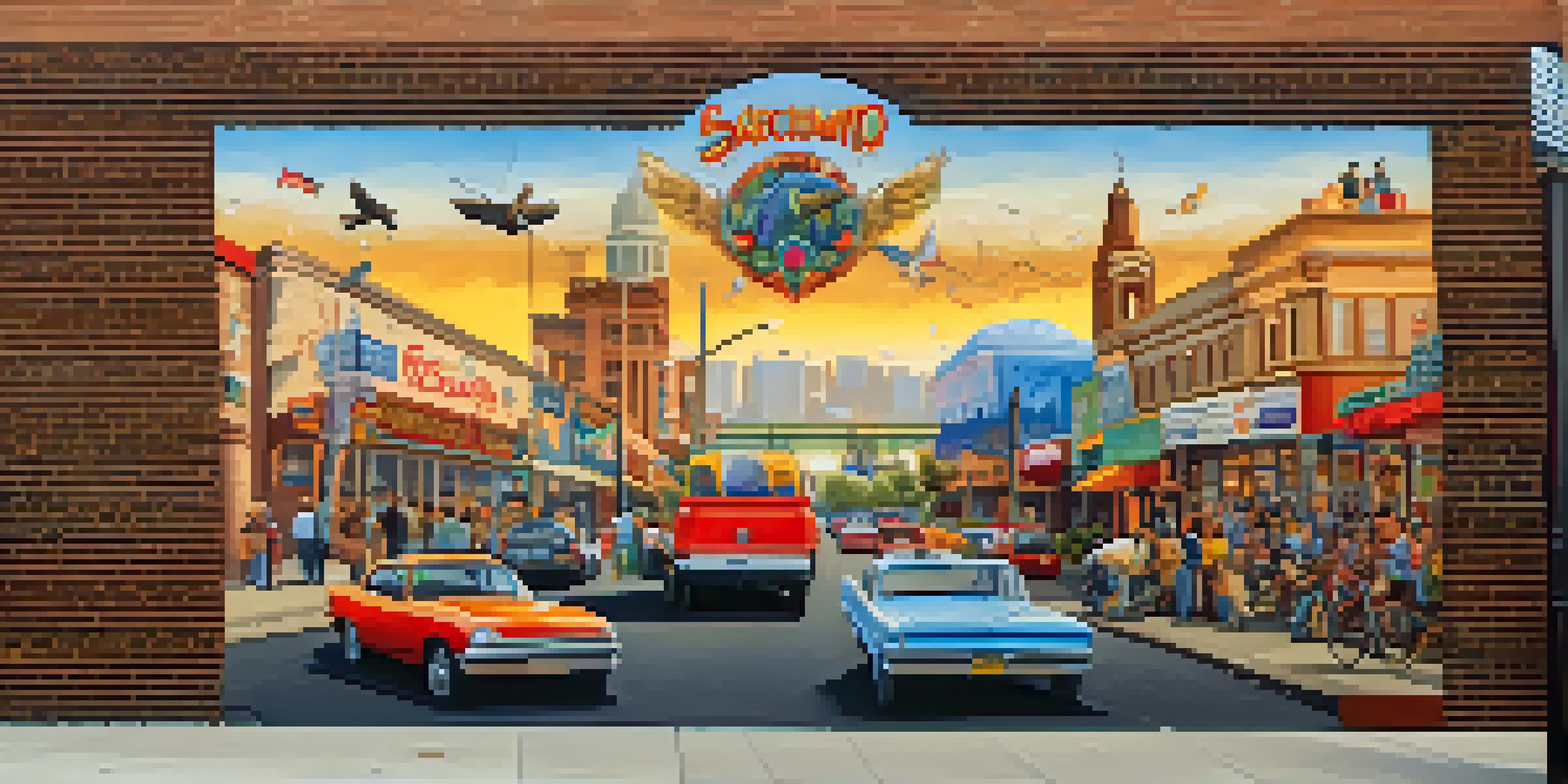 A colorful mural on a brick wall representing Sacramento's diverse culture, with local wildlife and landmarks, bathed in warm afternoon sunlight.