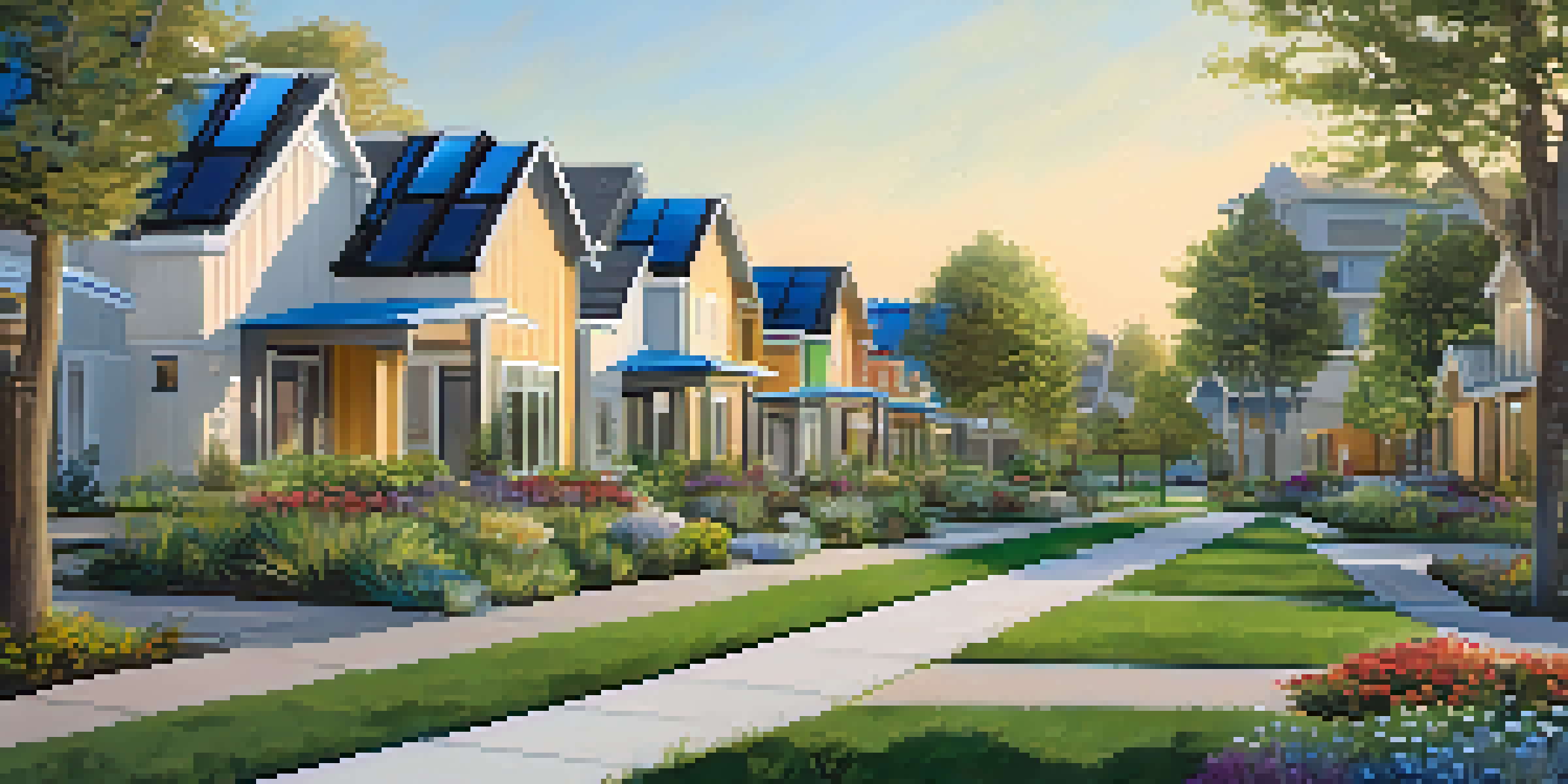 A peaceful eco-friendly housing area with modern homes, solar panels, and colorful flowers under a clear blue sky.