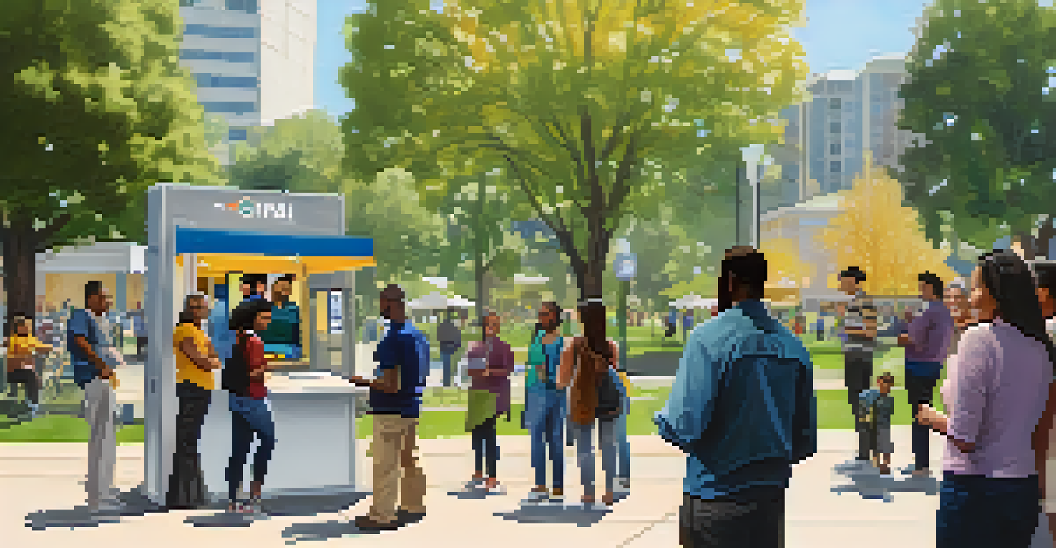 Residents in a Sacramento park using mobile apps for community engagement, with a digital kiosk in view.