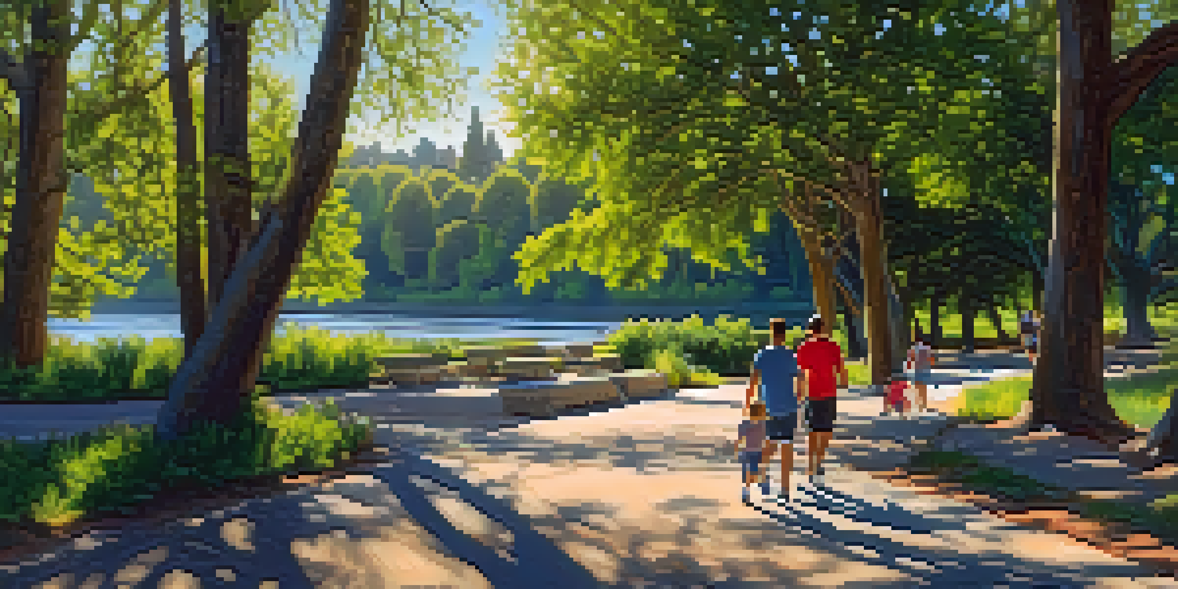 A peaceful scene of the American River Parkway with a paved path, green trees, and families walking and jogging along the river.