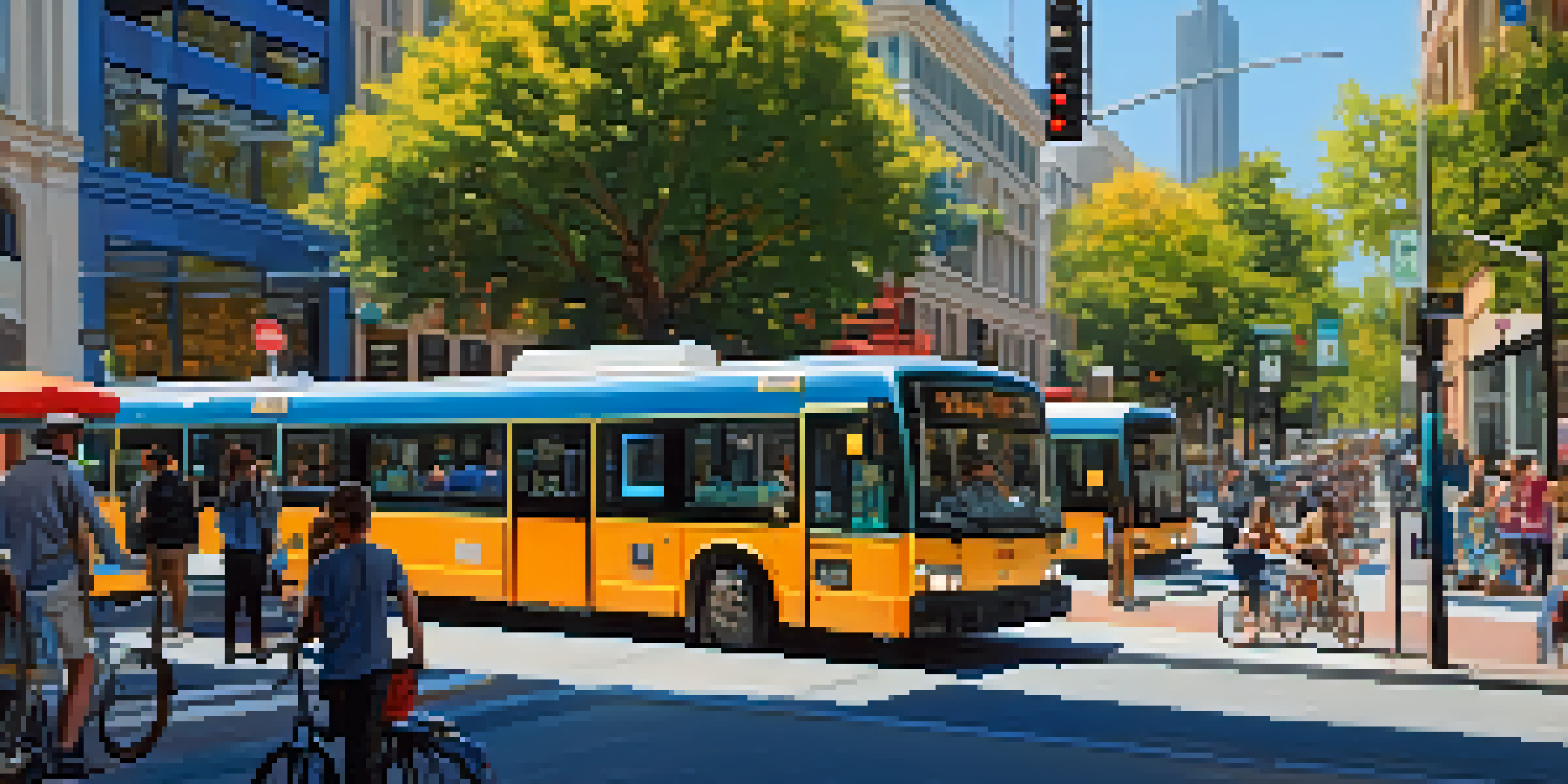 A busy street in Sacramento with people engaged with their smartphones while waiting for buses. Modern public transport options like bikes and buses are visible, along with digital screens showing transit updates.