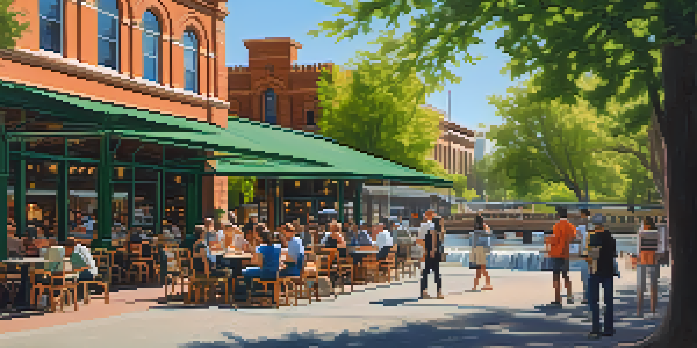 A lively street scene in Sacramento's Mill District with historic and modern buildings, people at cafes, and the Sacramento River in the background.