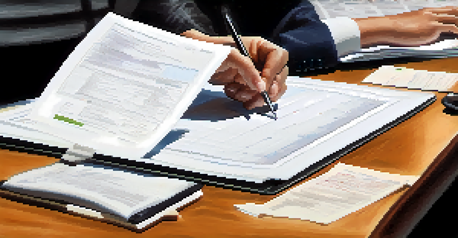 A city staff member diligently reviewing documents at a desk, preparing for a city council meeting, with organized papers and a laptop.