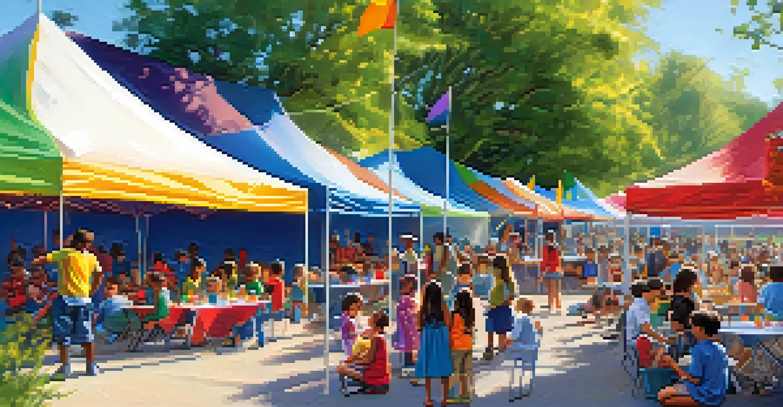 A community event with families participating in workshops at a charter school, featuring colorful tents and various educational activities.