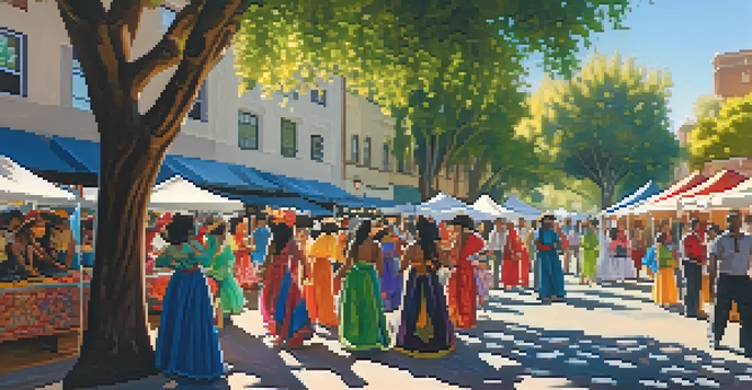 A colorful multicultural festival in Sacramento with diverse people, stalls, and performers in traditional costumes.