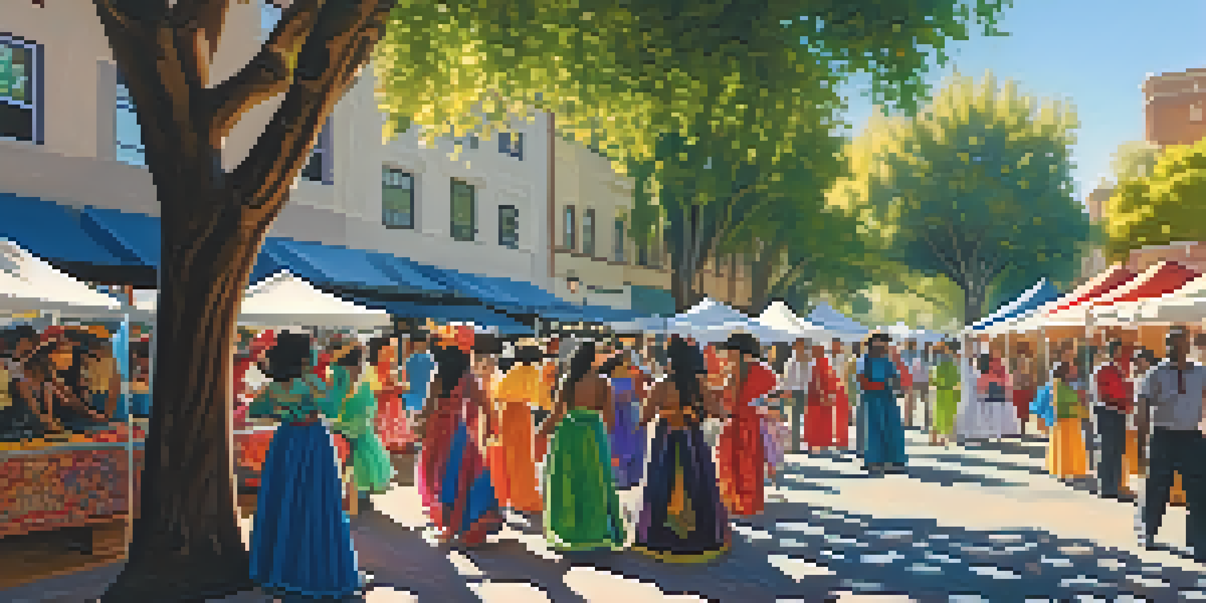 A colorful multicultural festival in Sacramento with diverse people, stalls, and performers in traditional costumes.
