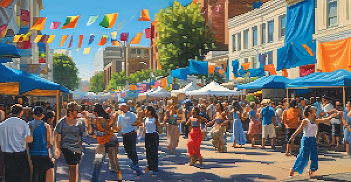 A lively street scene at a cultural music festival in Sacramento, with diverse people dancing and musicians performing.