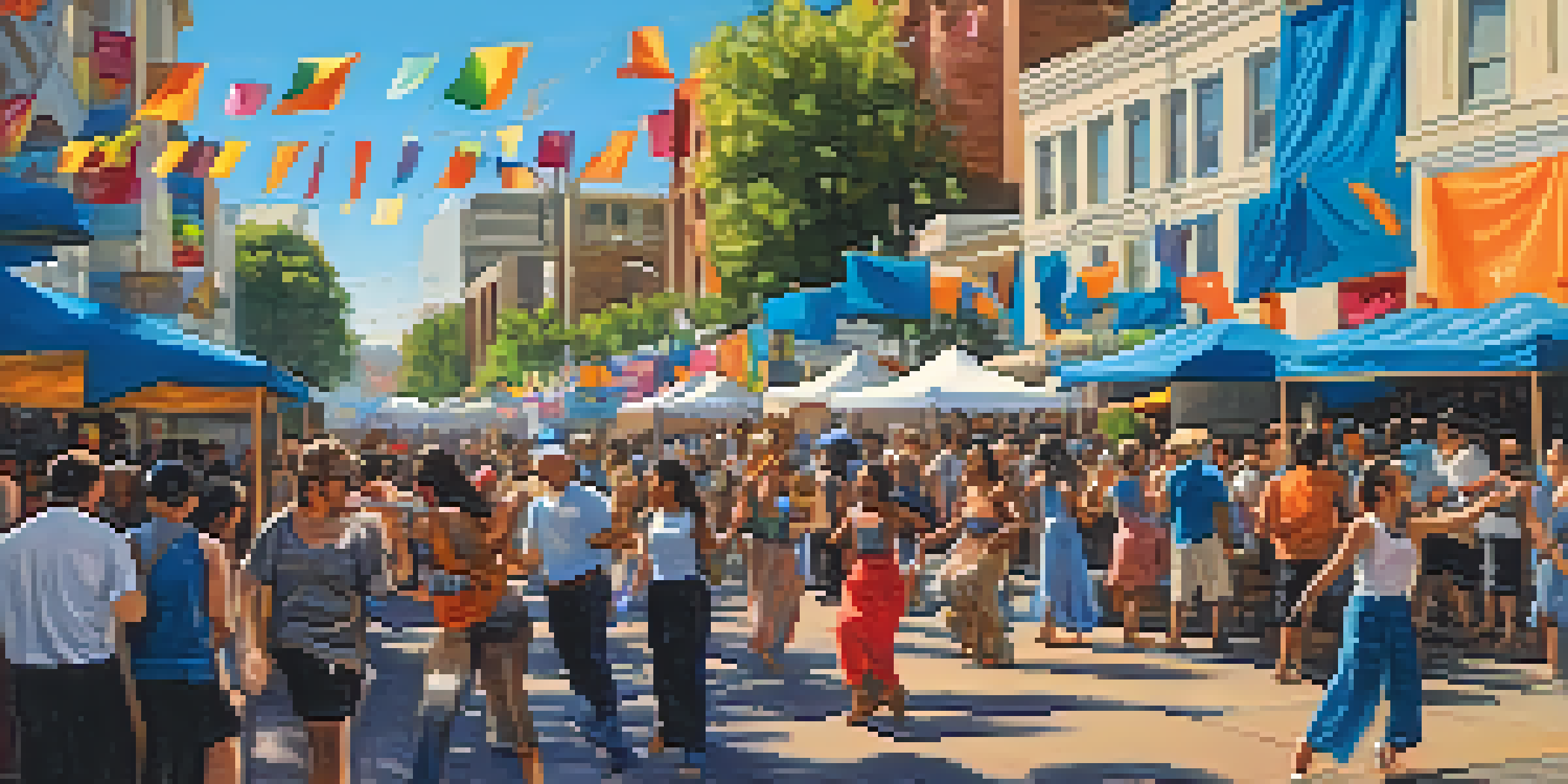 A lively street scene at a cultural music festival in Sacramento, with diverse people dancing and musicians performing.