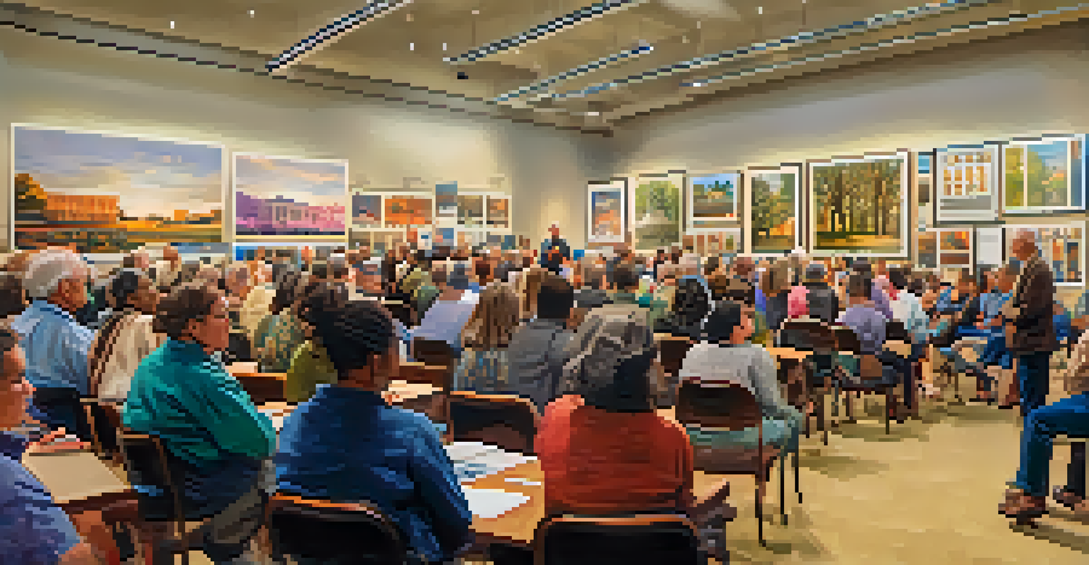 A community event in a library with a historian presenting to an engaged audience, surrounded by historical posters.
