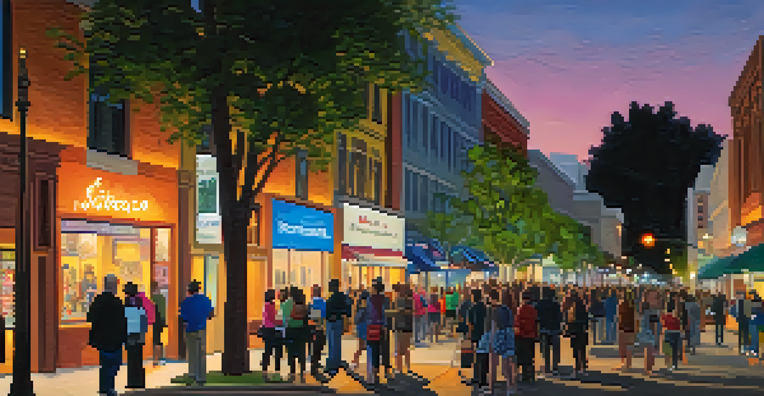 A vibrant art walk in Midtown Sacramento, with people exploring colorful art installations under dusk lighting.