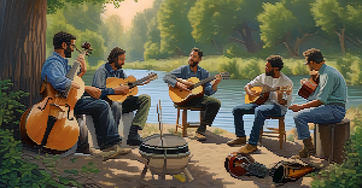 A group of diverse musicians collaborating outdoors by the American River, surrounded by nature and instruments.