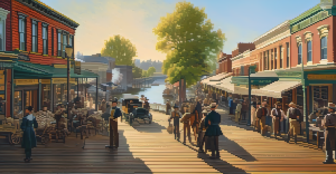 A historical scene depicting Old Sacramento with wooden boardwalks and historic buildings, showcasing people in period clothing.
