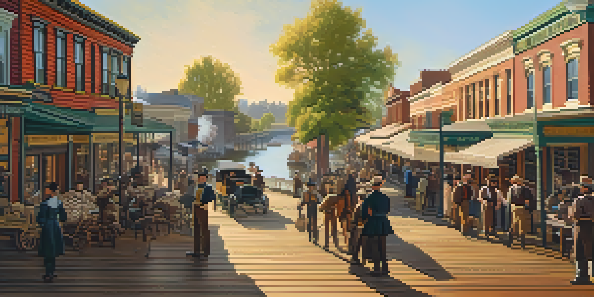 A historical scene depicting Old Sacramento with wooden boardwalks and historic buildings, showcasing people in period clothing.