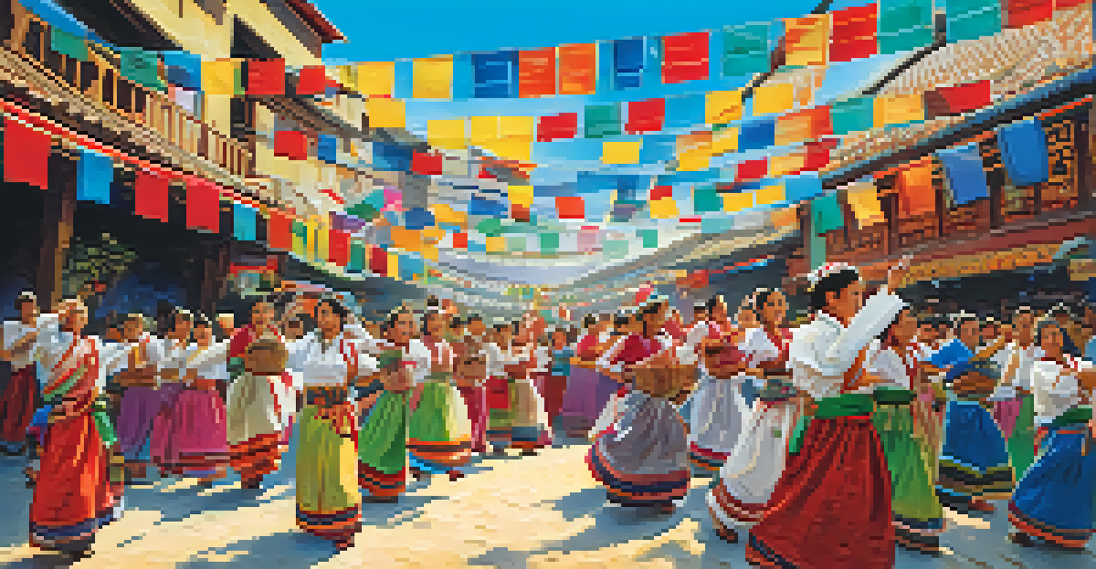 A lively cultural festival with people in traditional Nisenan attire, dancing and celebrating, surrounded by colorful decorations and crafts.