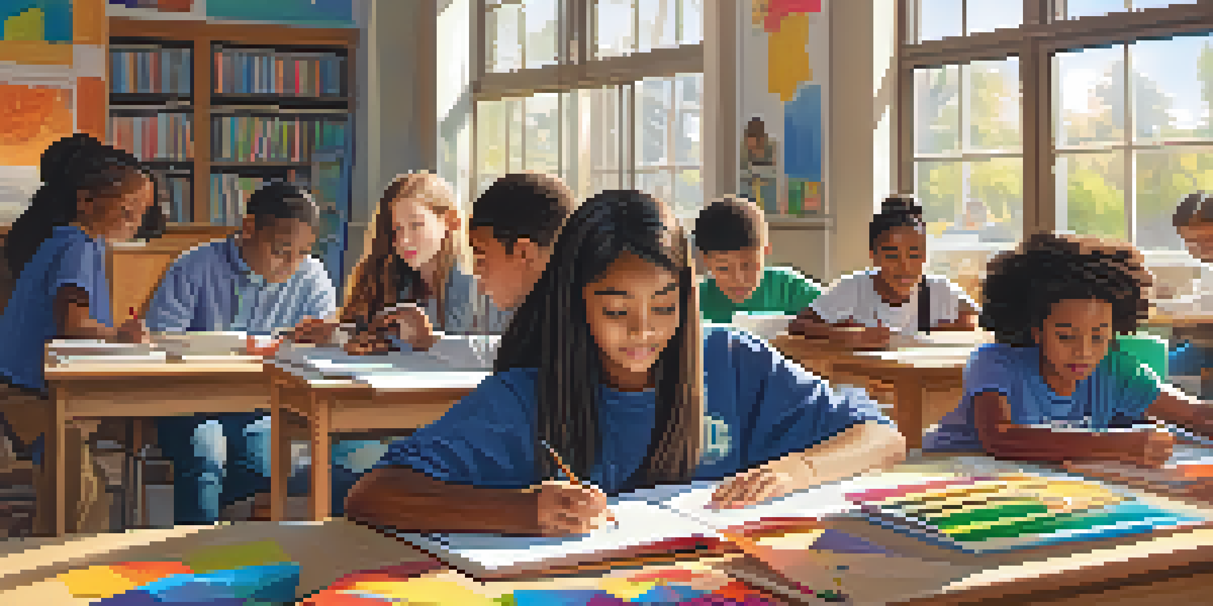 A diverse group of students working together in a colorful classroom, engaged in a collaborative project with books and technology around them.