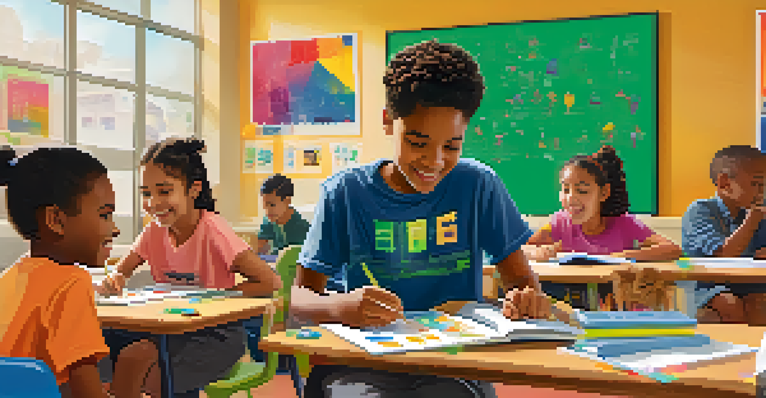 A classroom filled with children learning coding, with laptops and colorful materials, led by a mentor in a bright and cheerful environment.