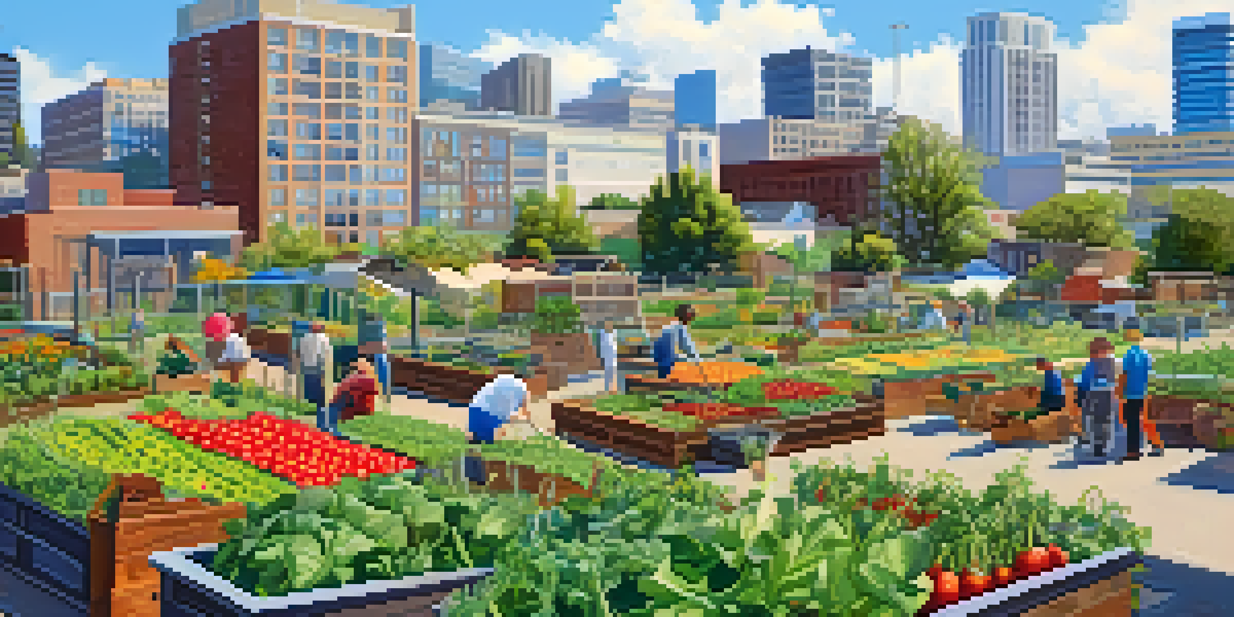 A lively urban farm with colorful vegetables and fruits, local residents gardening, and city buildings in the background.