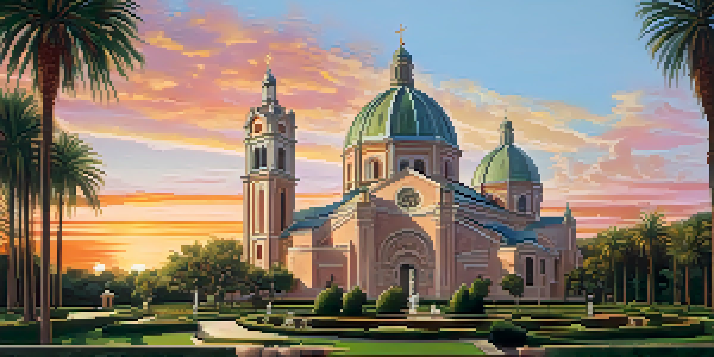 A stunning sunset view of the Cathedral of the Blessed Sacrament, highlighting its architectural beauty and colorful stained glass windows.