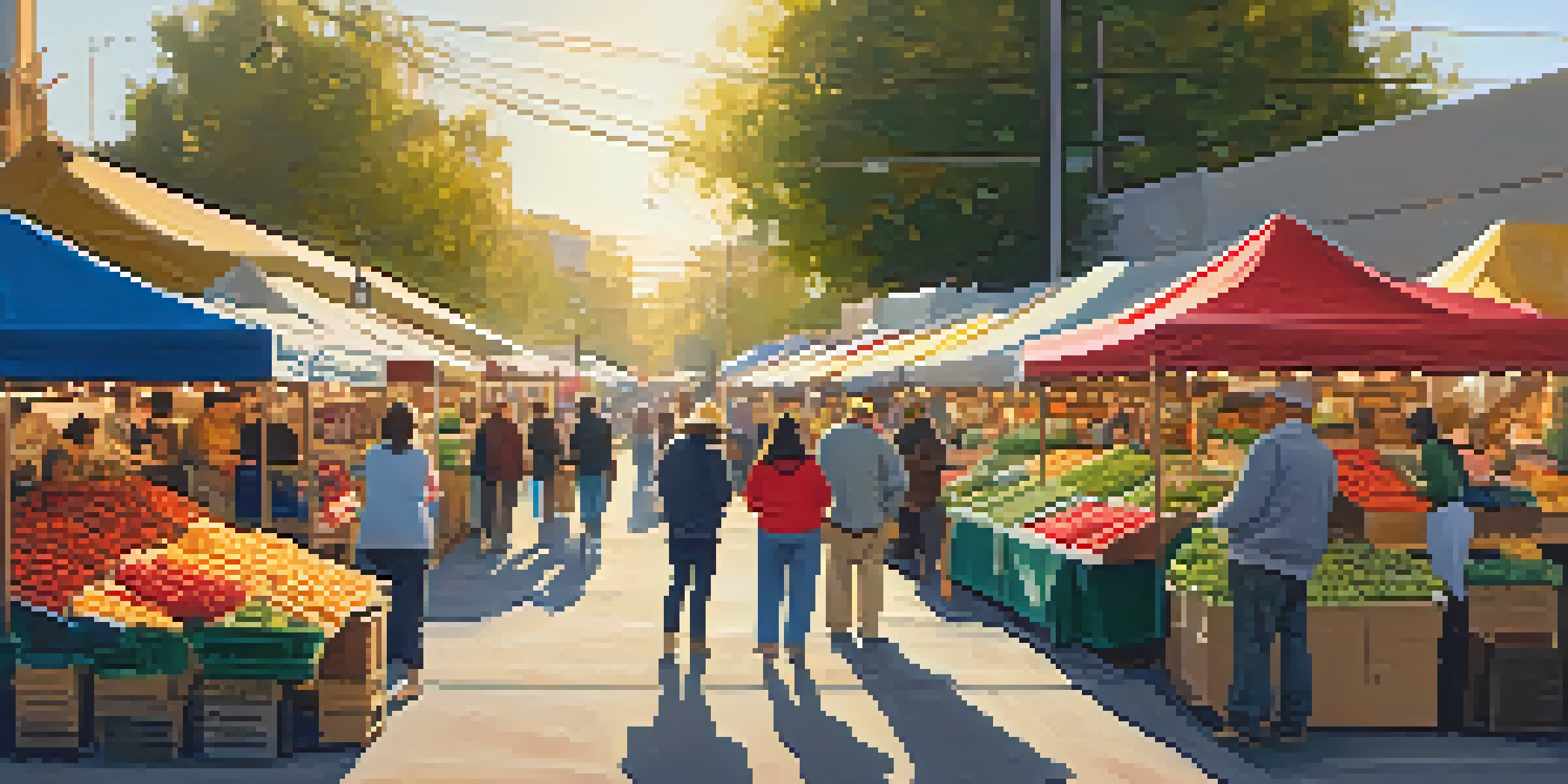 A lively local market in Sacramento with colorful stalls filled with fresh produce and handmade goods, bustling with people enjoying the atmosphere.