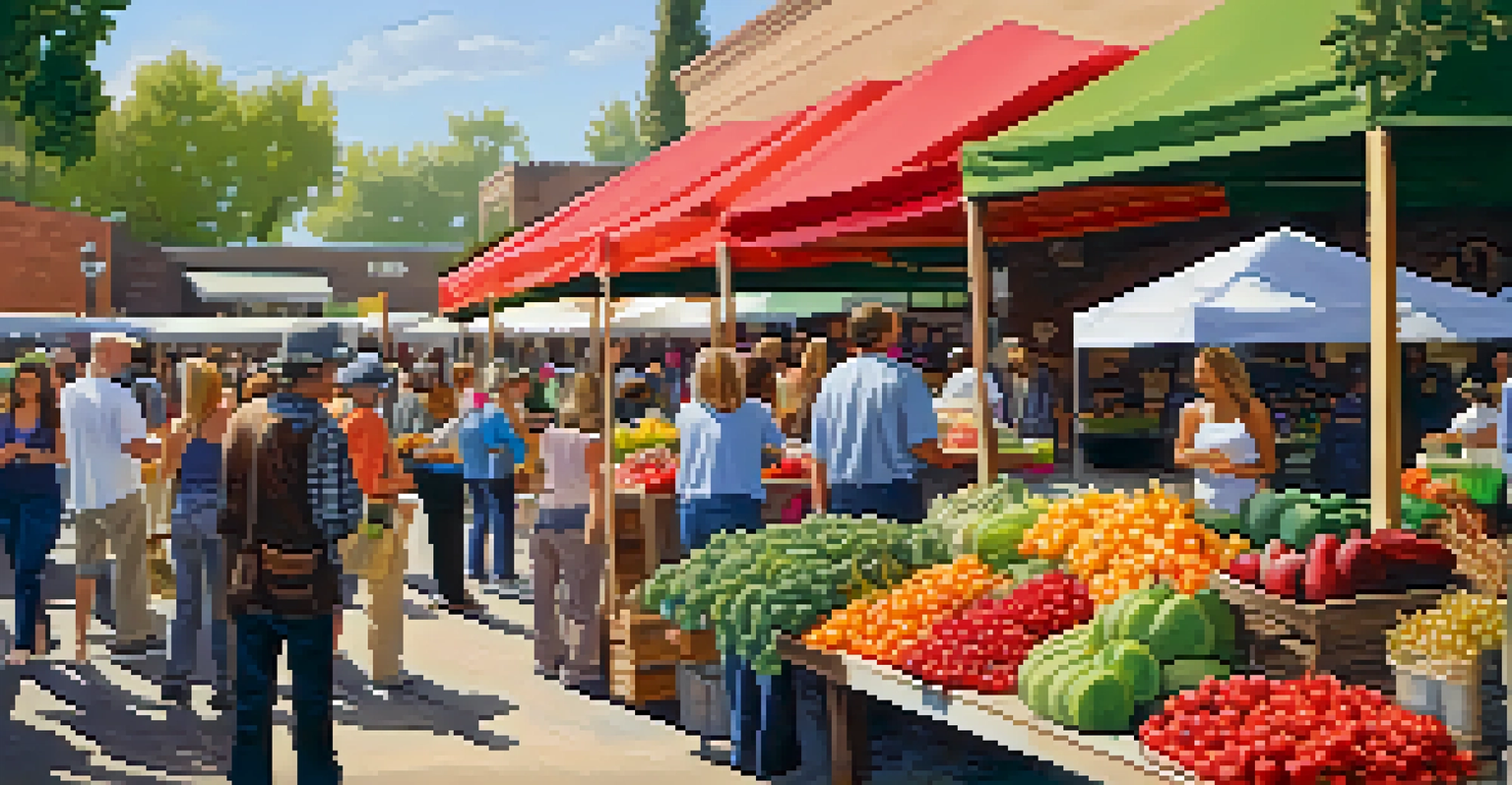 A farmers market with vendors offering fresh produce and local wines, showcasing a variety of colorful fruits and vegetables.
