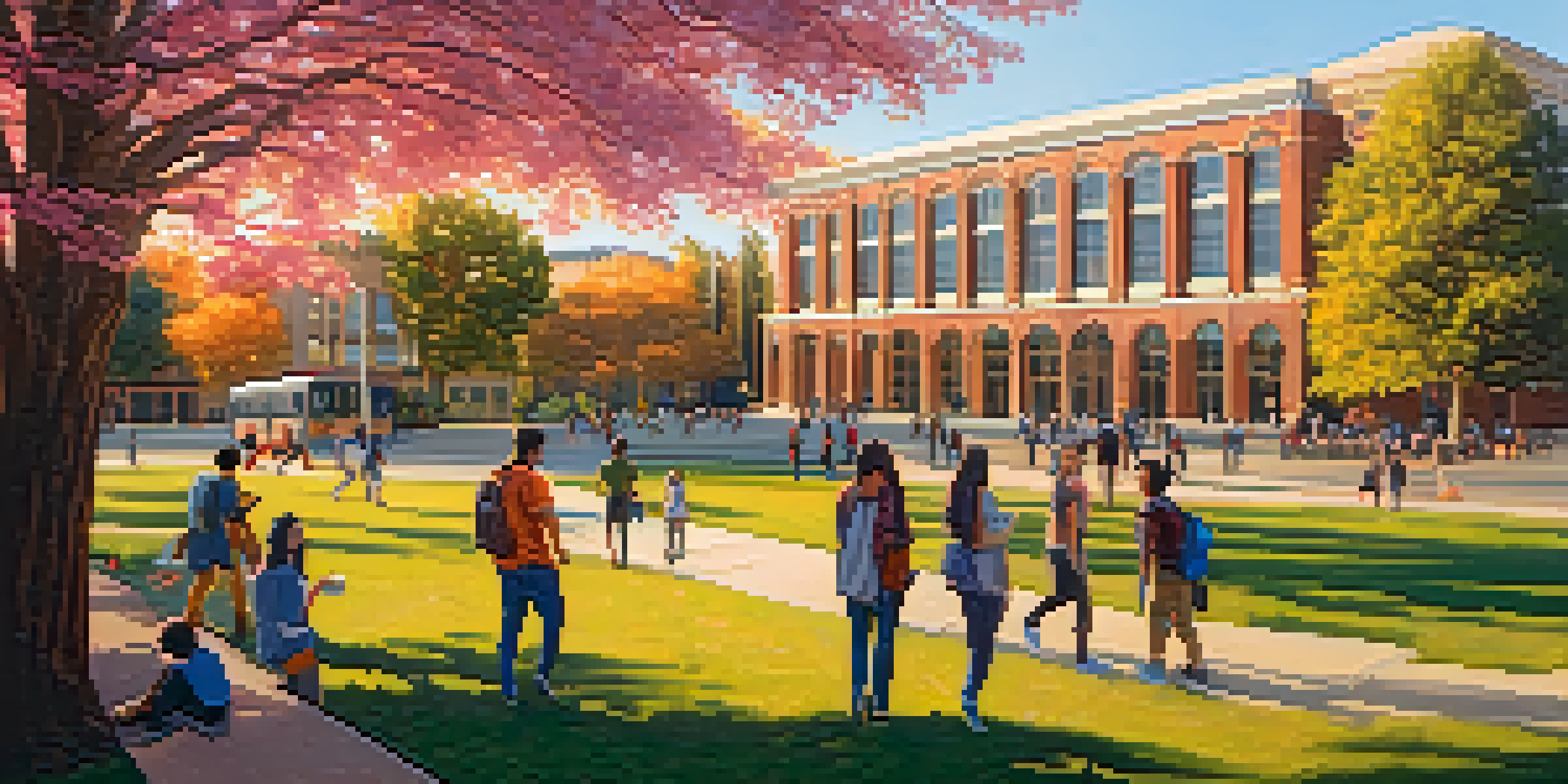 A lively university campus in Sacramento at sunset with students studying and socializing.