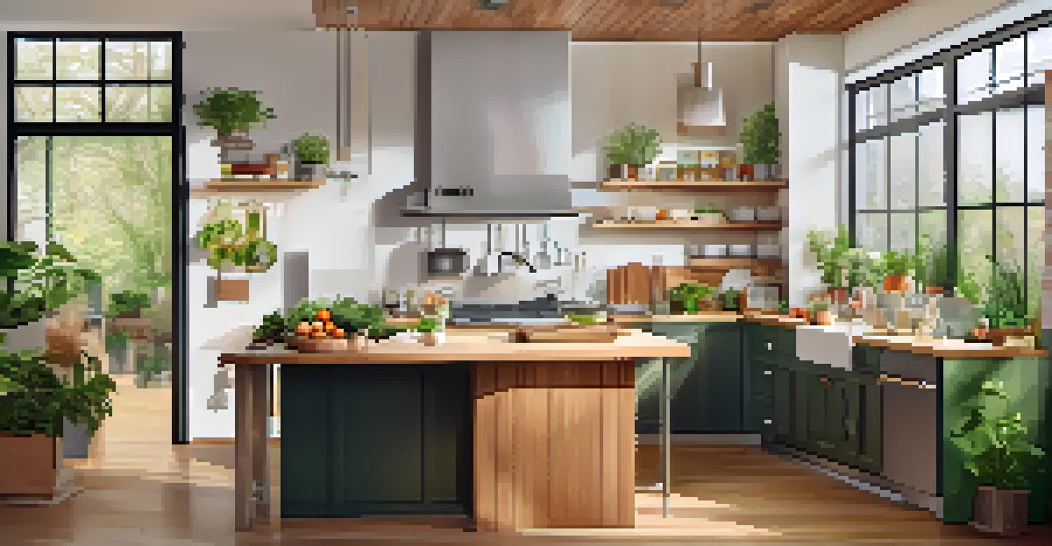 A family composting food scraps in a bright kitchen with plants and a bulletin board featuring waste reduction tips.