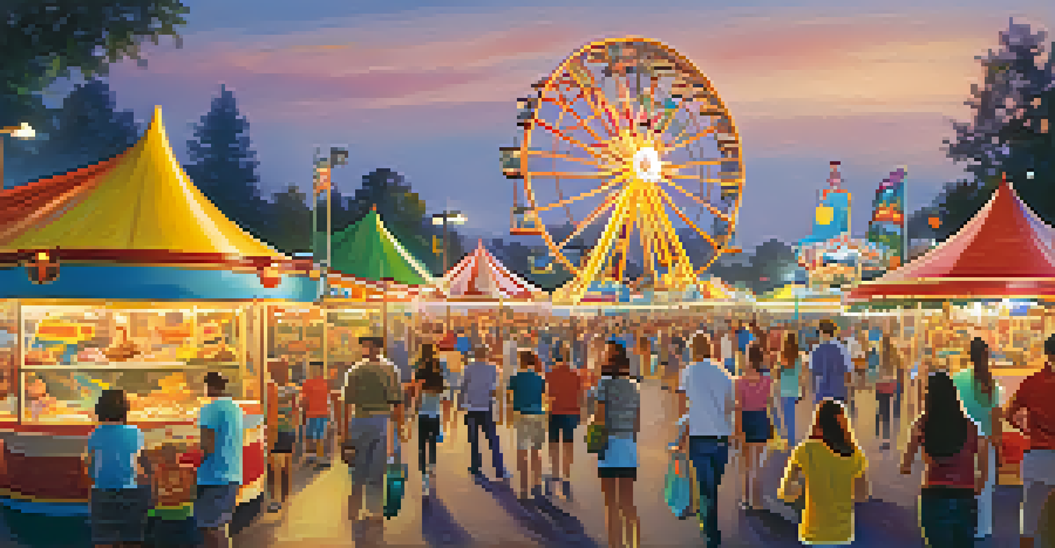 Families enjoying rides and games at the Sacramento County Fair, with colorful lights and food stalls creating a festive atmosphere.