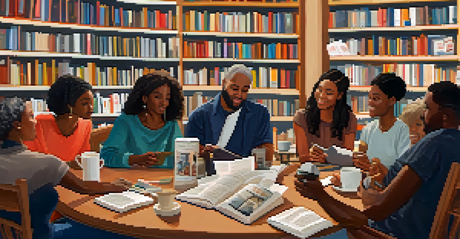 A community book club meeting in a bookstore, with people discussing a book in a friendly circle.
