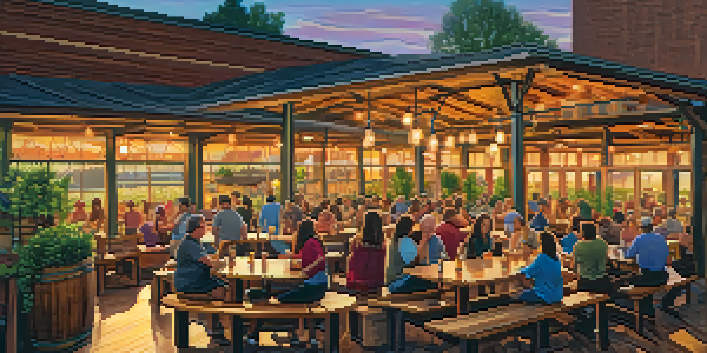 An outdoor scene at a Sacramento craft brewery with people enjoying drinks on a wooden patio during sunset.