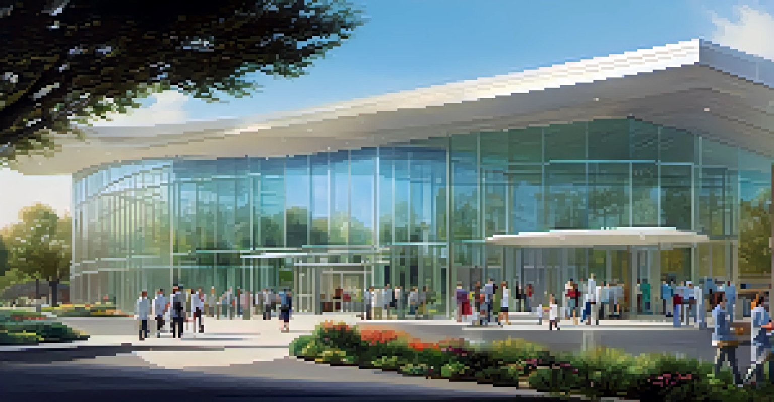A modern healthcare facility in Sacramento with a glass facade, bustling with healthcare professionals and patients, surrounded by beautiful landscaping.