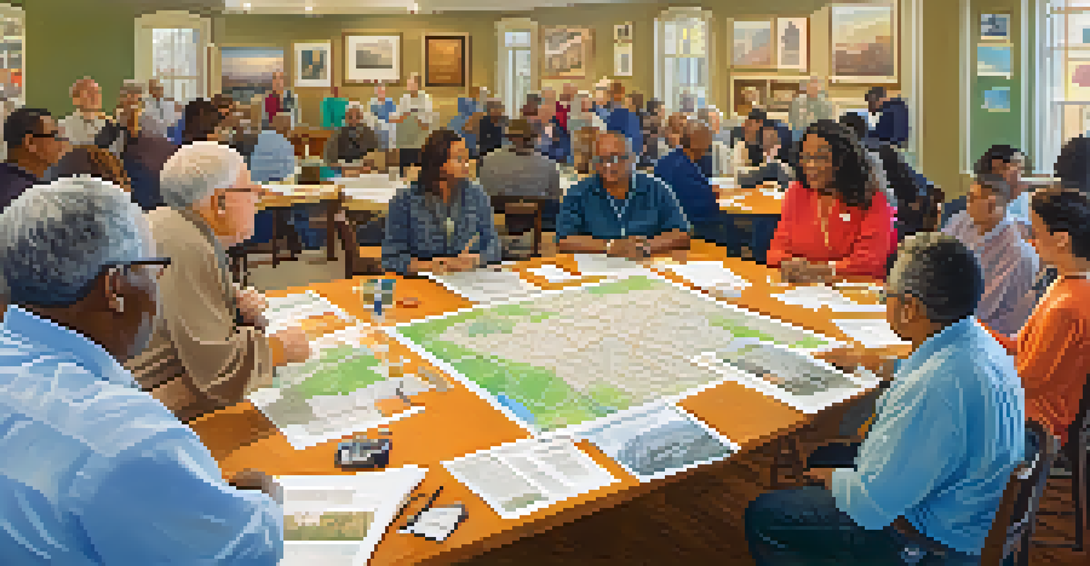 Residents participating in a community workshop on historical preservation, surrounded by maps and photographs.