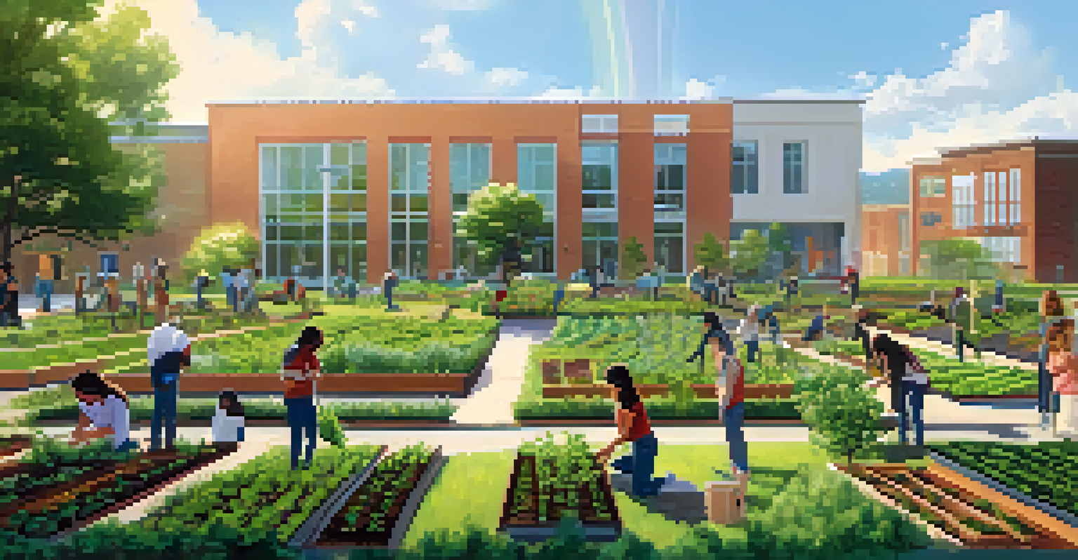 Students working together in a community garden on a university campus, promoting sustainability.