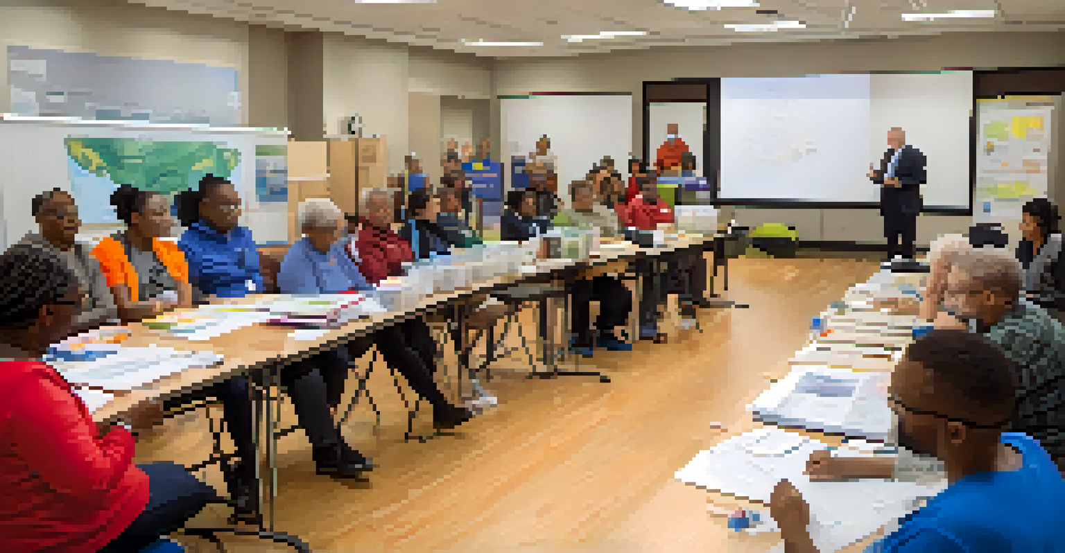 A diverse group of residents attending an emergency preparedness workshop with a facilitator demonstrating safety techniques.