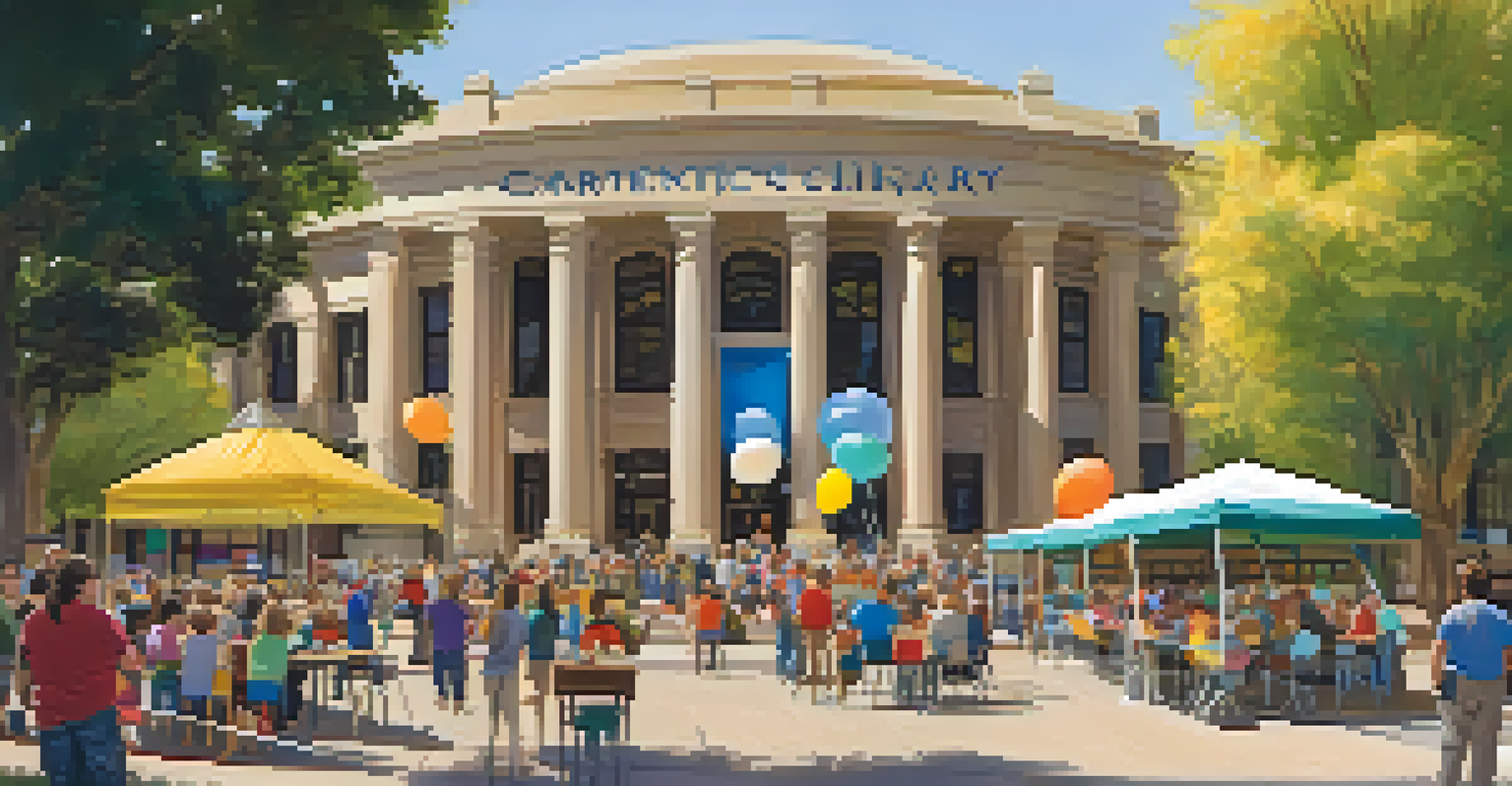 An outdoor library event with families participating in activities, local authors signing books, and colorful decorations creating a festive ambiance.